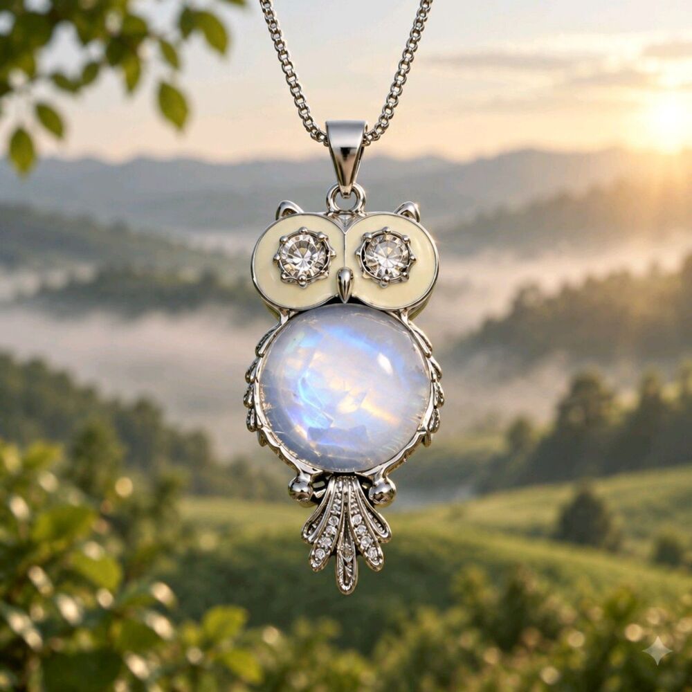 Owl Pendant Necklace with Jelly Belly Moonstone and Crystals